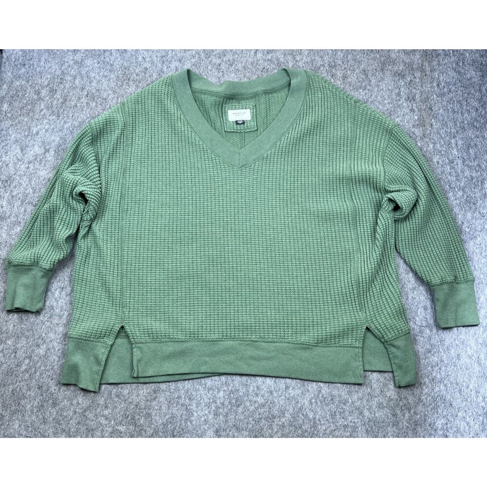American Eagle Women's Ribbed Knit Sweater Oversized Green V-Neck Cozy Size M